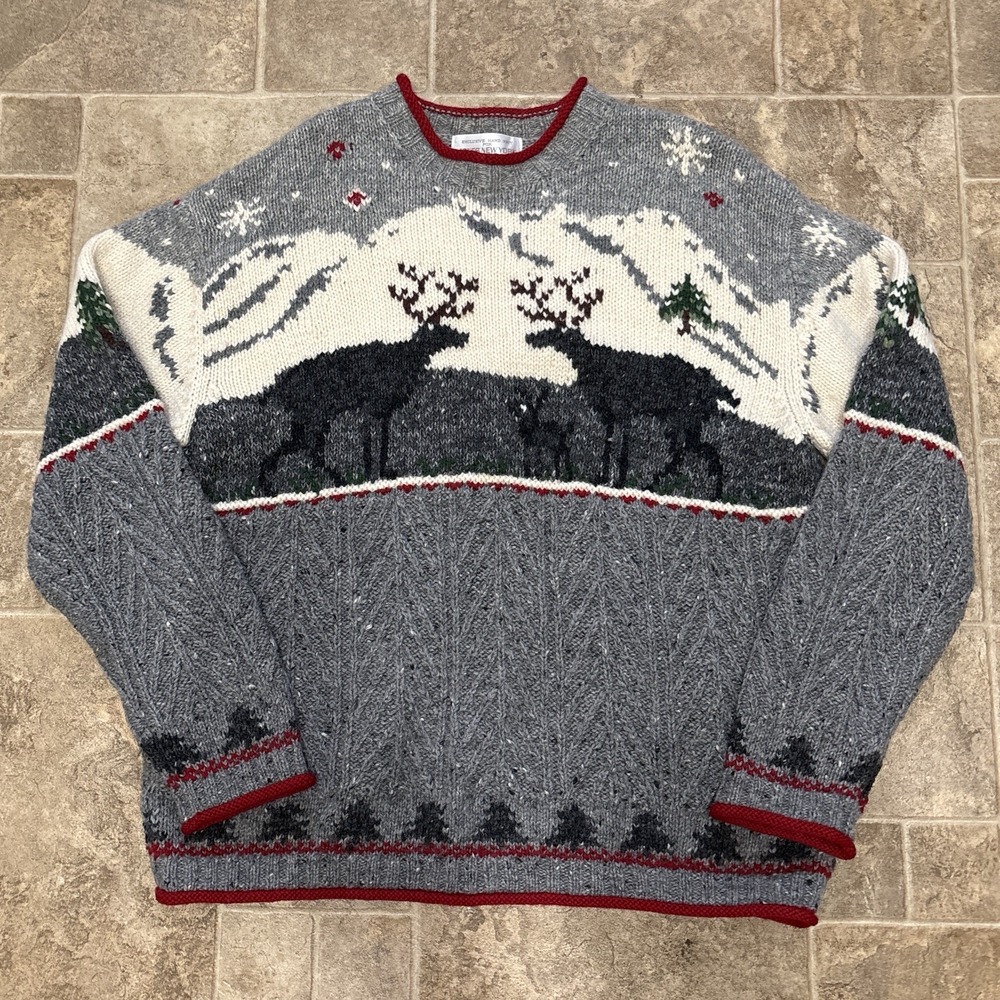 Vtg Jones New York L Hand Knit Reindeer Sweater Wool Ski Lodge Après Ski Nordic
